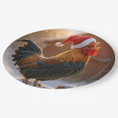 Assiettes En Carton Crowing Christmas Rooster Wearing a Santa Hat (Angle)