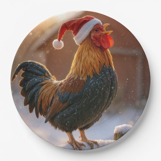 Assiettes En Carton Crowing Christmas Rooster Wearing a Santa Hat (Devant)