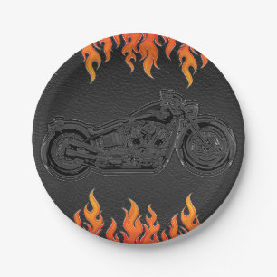Assiettes En Carton Cuir noir flammes orange fête de motards