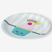Assiettes En Carton Cupcake bleu mignon avec visage Kawaii (Angle)