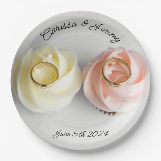 Assiettes En Carton Cupcake mariage gâteau rose jaune (Devant)