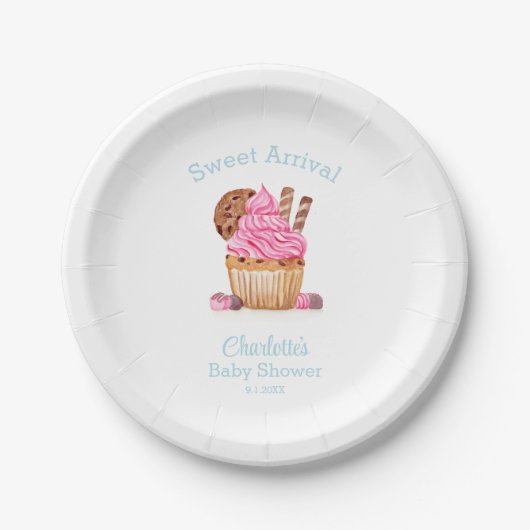 Assiettes En Carton Cupcake Rose Aquarelle Au Baby shower Chocolé (Devant)