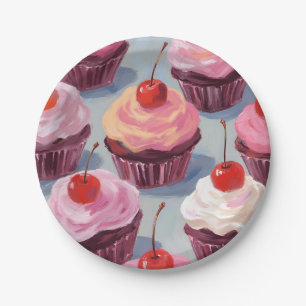 Assiettes En Carton Cupcakes Cerise Glaçés Célébration d'Anniversair