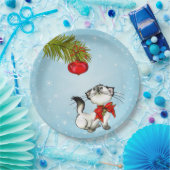 Assiettes En Carton Curieux Chat Kitty Dans Une Boue De Noël Rouge (Fête)