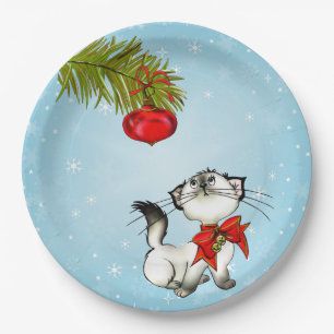 Assiettes En Carton Curieux Chat Kitty Dans Une Boue De Noël Rouge