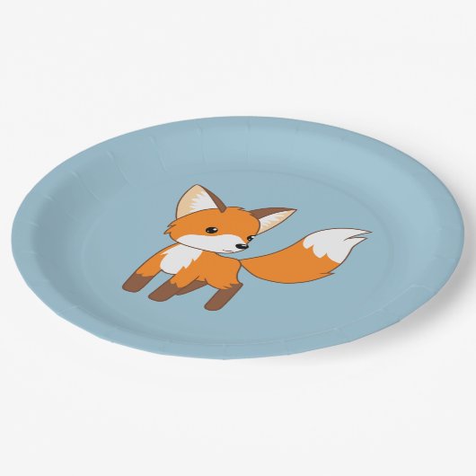 Assiettes En Carton Curieux Petit Renard sur Bleu (Angle)