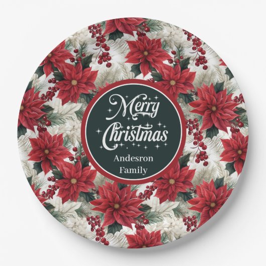 Assiettes En Carton Custom Christmas Flowers Red Green Paper Plates  (Devant)