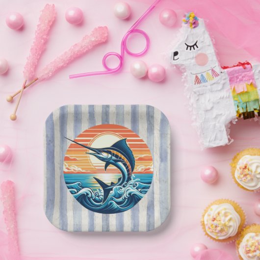 Assiettes En Carton Custom Coastal/nautical/beach marlin sunset (Fête)