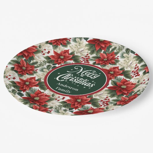 Assiettes En Carton Custom Name Red Poinsettia Christmas Party Plates  (Angle)