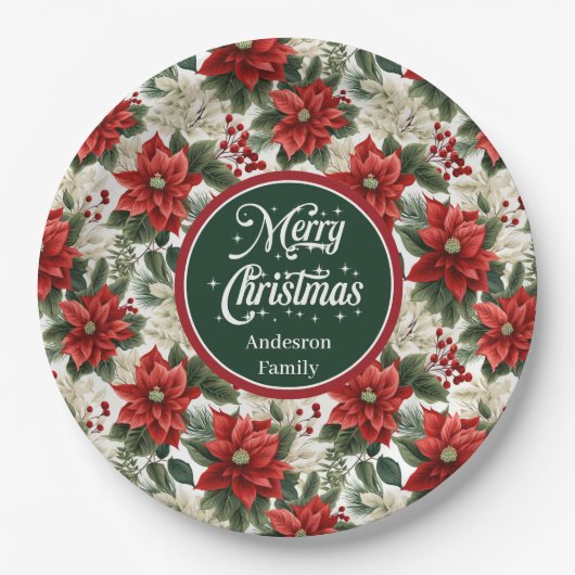 Assiettes En Carton Custom Name Red Poinsettia Christmas Party Plates (Devant)