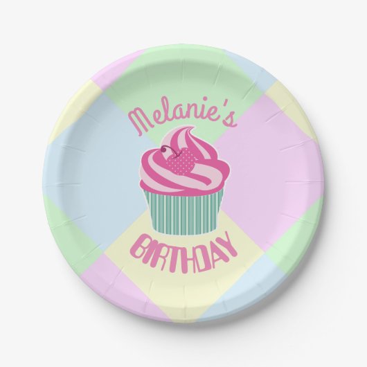 Assiettes En Carton Custom Pink Birthday Cupcake Personalised (Devant)