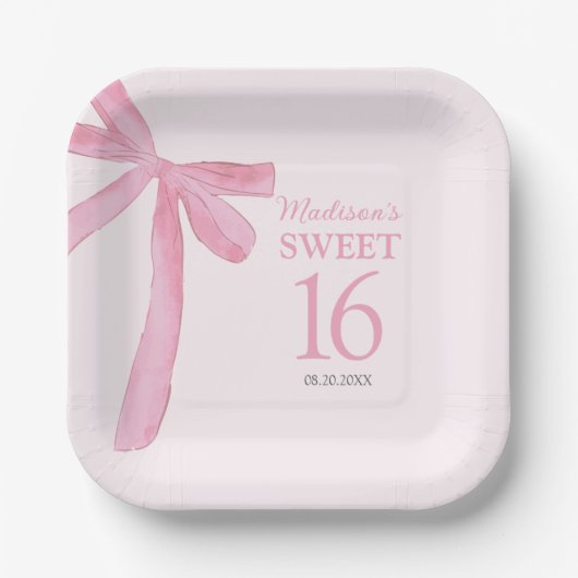 Assiettes En Carton Custom Sweet 16th Birthday Coquette Pink Bow  (Recto)