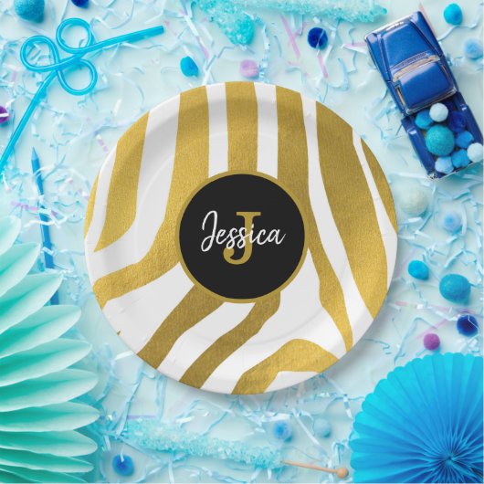 Assiettes En Carton Customisé Faux Gold Zebra Print Stripes Motif (Fête)