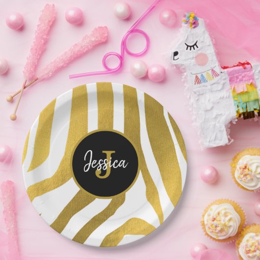 Assiettes En Carton Customisé Faux Gold Zebra Print Stripes Motif (Fête)