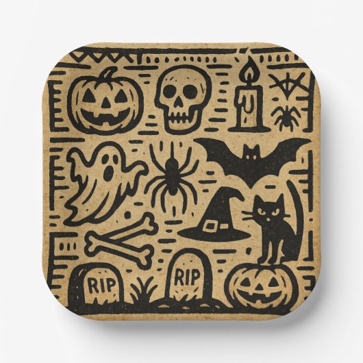 Assiettes En Carton Cute ancient hieroglyph pumpkin and bat Halloween (Recto)