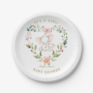 Assiettes En Carton Cute Aquarelle Elephant Floral Girl Baby shower