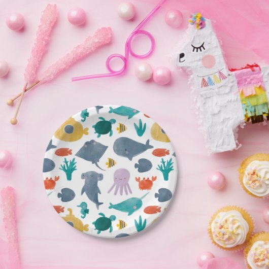 Assiettes En Carton Cute Aquarelle Océan Animaux Motif (Fête)