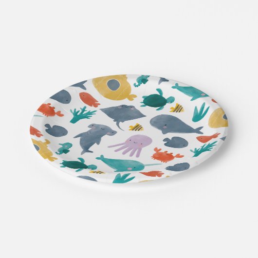 Assiettes En Carton Cute Aquarelle Océan Animaux Motif (Angle)