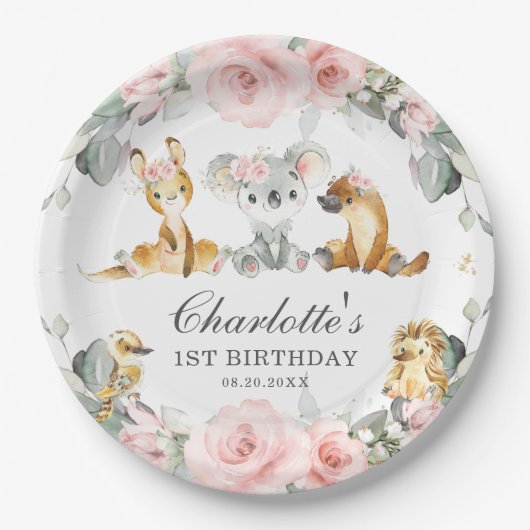 Assiettes En Carton Cute Australian Animals Rose Floral Vert (Devant)