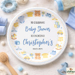 Assiettes En Carton Cute Baby Clothes & Toys Boy Baby Shower<br><div class="desc">Cute boy baby shower paper plates with baby clothes and toys theme. Perfect tableware for baby boy shower party decorations. Make your party table extra cute with these boy baby shower paper plates featuring adorable baby clothes and toy illustrations. Perfect for serving cake, snacks, and party treats, these charming plates...</div>