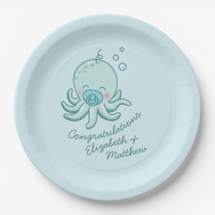 Assiettes En Carton Cute Baby shower Octopus Kawaii Blue Boy