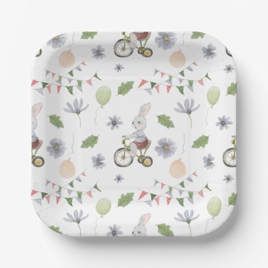 Assiettes En Carton Cute Baby Spring Summer Rabbit On A Bike Pattern (Recto)