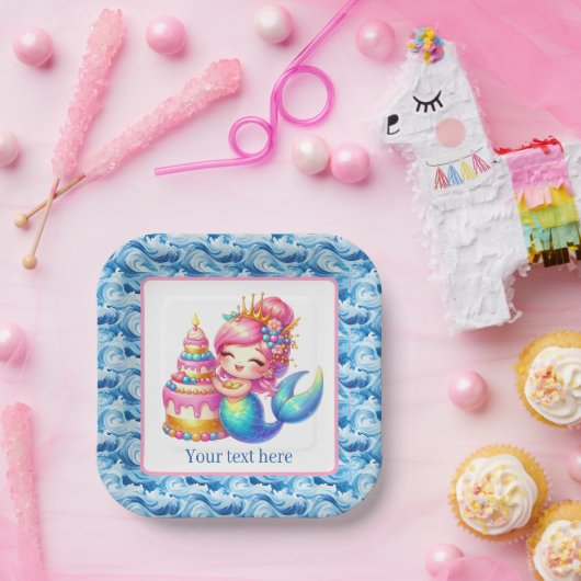 Assiettes En Carton Cute Beach Birthday mermaid customizable  (Fête)