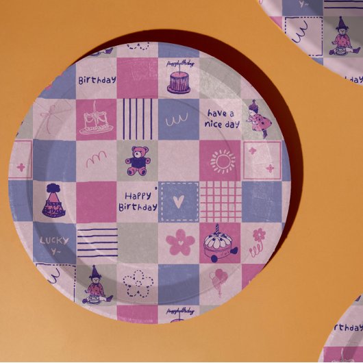 Assiettes En Carton Cute Birthday Squares – Pink modern Pattern