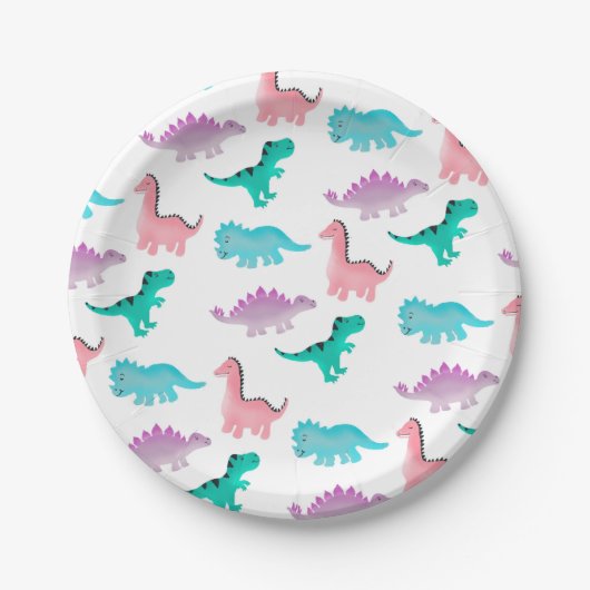 Assiettes En Carton Cute blanc pastel aquarelle dinosaures motif (Devant)