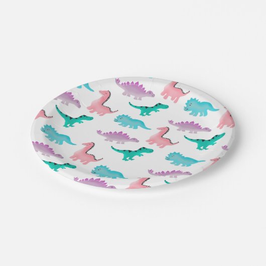 Assiettes En Carton Cute blanc pastel aquarelle dinosaures motif (Angle)