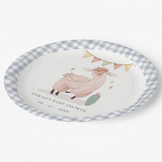 Assiettes En Carton Cute bleu Plaid Cactus Boho Llama Baby shower (Angle)