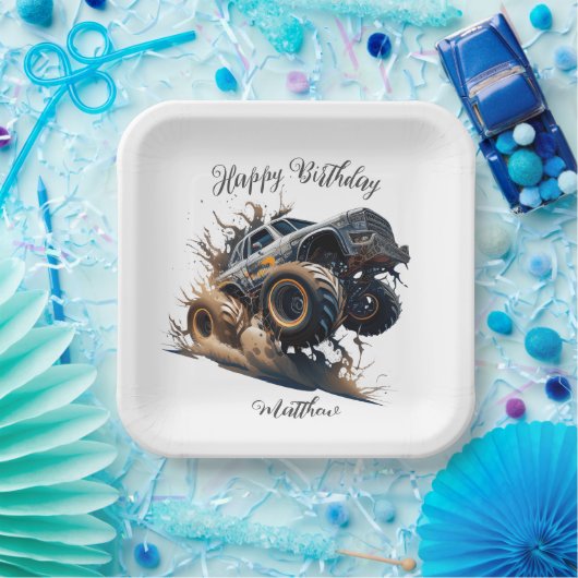 Assiettes En Carton Cute Blue Brown Race Monster Camion Enfants Annive (Fête)