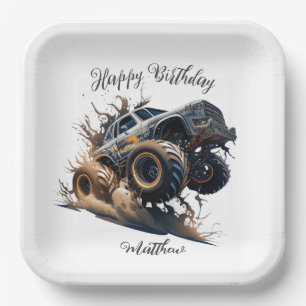 Assiettes En Carton Cute Blue Brown Race Monster Truck Kids' Birthday