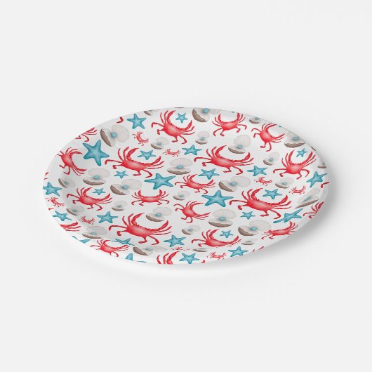 Assiettes En Carton Cute Blue Coastal Seaside Crab & Shell Motif (Angle)