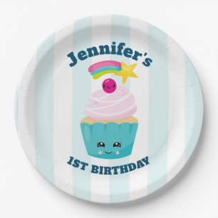 Assiettes En Carton Cute Blue Cupcake avec Kawaii Face Anniversaire
