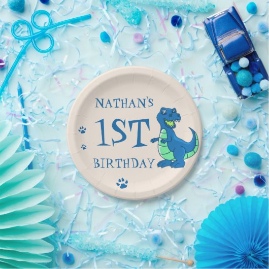 Assiettes En Carton Cute Blue Green Paw Dinosaur Thème Anniversaire (Fête)