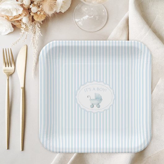 Assiettes En Carton Cute Blue It's a Boy Stroller Baby Shower