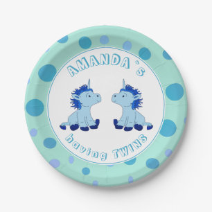 Assiettes En Carton Cute Blue Unicorn Boys Twins Baby shower Party