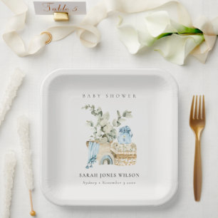 Assiettes En Carton Cute Boho Blue Nursery Foliage Boy Baby shower