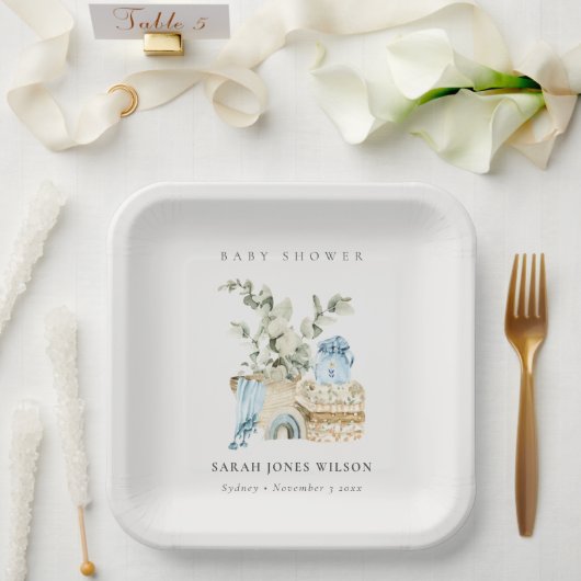 Assiettes En Carton Cute Boho Blue Nursery Foliage Boy Baby shower (Mariage)