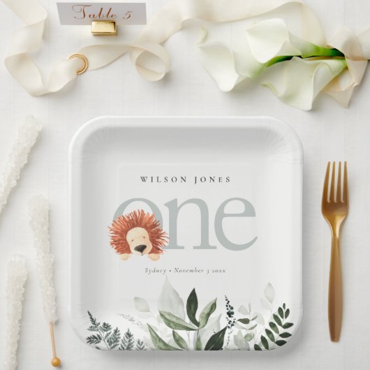 Assiettes En Carton Cute Boho Lion Foliage 1er fête d'anniversaire (Mariage)