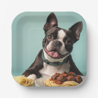Assiettes En Carton Cute Boston Terrier Avec Spaghetti Bolognaise