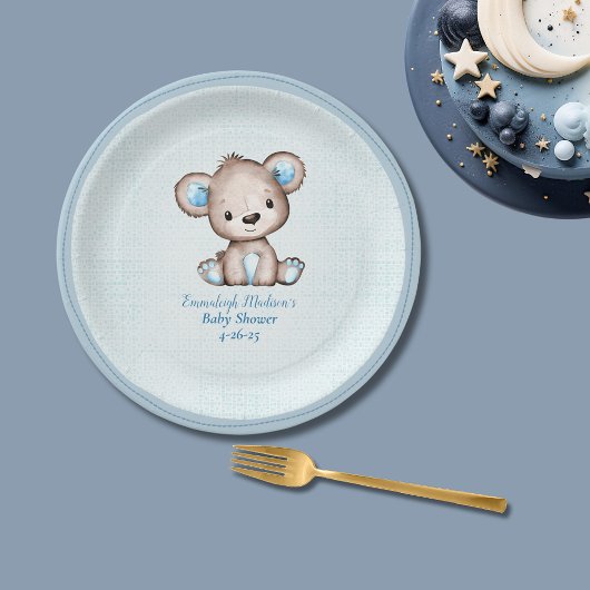 Assiettes En Carton Cute Brown Ours Garçon Plaid Bleu