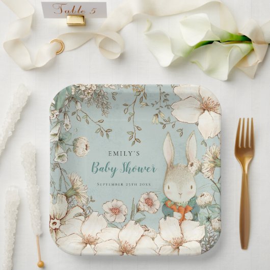 Assiettes En Carton Cute Bunny Baby shower botanique en poudre bleu (Mariage)