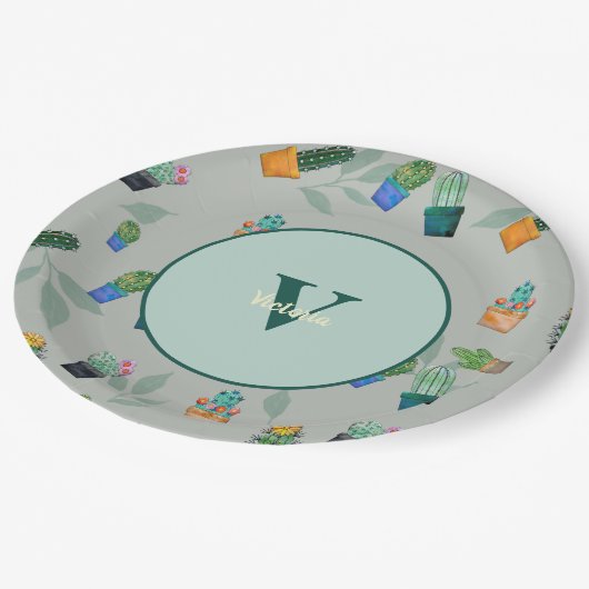 Assiettes En Carton Cute Cactus Motif de fleurs vertes (Angle)