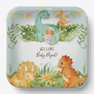 Assiettes En Carton Cute Carré Dinosaur Foliage Aquarelle Bébé Garçon