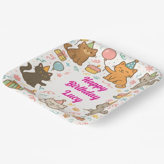 Assiettes En Carton Cute Cat Birthday Party Plate with Custom Name (Angulaire)