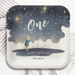 Assiettes En Carton Cute Celestial Anniversaire Étoiles Aquarelle Garç<br><div class="desc">Cute Celestial Birthday Stars Watercolor Boy Paper Party Plates présente une jolie aquarelle d'un petit garçon regardant vers les étoiles. Idéal pour bébé garçon,  les enfants fêtes de premier anniversaire et les baby showers. Conçu par Evco Studio. Pour la coordination des éléments,  voir www.zazzle.com/store/evcostudio</div>