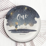 Assiettes En Carton Cute Celestial Anniversaire Étoiles Aquarelle Garç<br><div class="desc">Cute Celestial Birthday Stars Watercolor Boy Paper Party Plates présente une jolie aquarelle d'un petit garçon regardant vers les étoiles. Idéal pour bébé garçon,  les enfants fêtes de premier anniversaire et les baby showers. Conçu par Evco Studio. Pour la coordination des éléments,  voir www.zazzle.com/store/evcostudio</div>