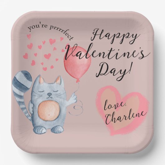 Assiettes En Carton Cute Chat et Balloon Saint Valentin (Recto)
